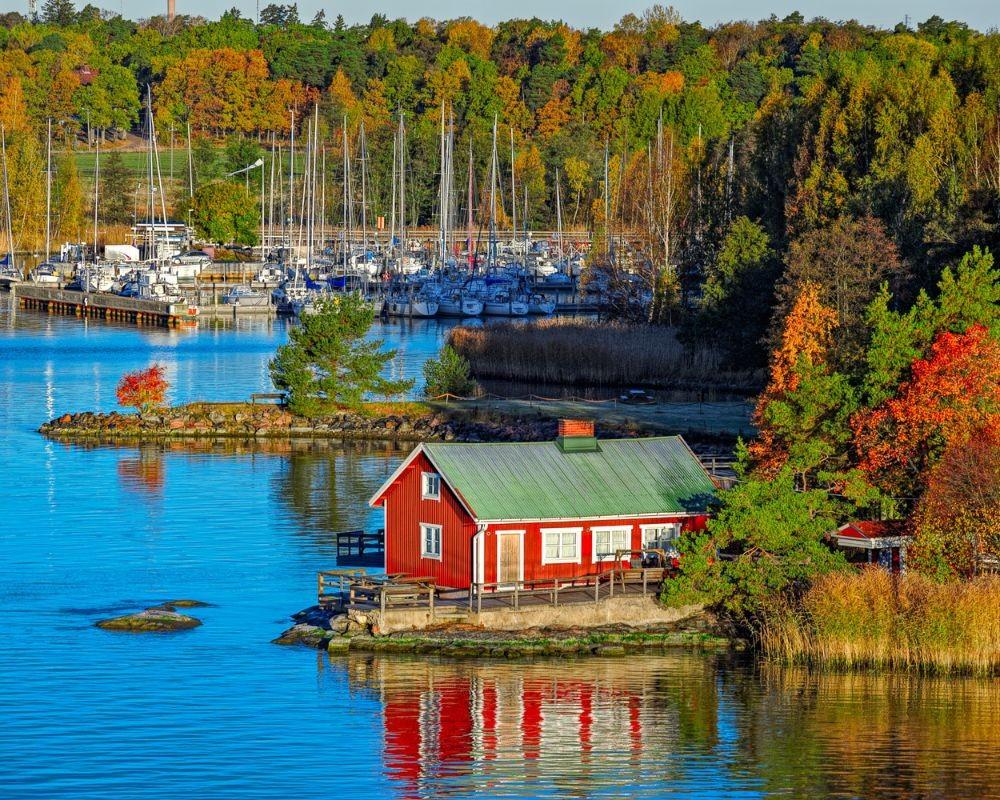 Paesaggio nordico estivo con conifere e casetta sul lago